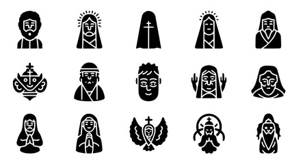 Religious icons and symbols collection  in black and white minimalist style on transparent background for design and decoration