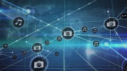 Animation of network of connections and digital icons over grid network against world map - Powered by Adobe