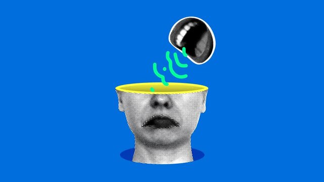 Mental health concept. Sad woman and screaming mouth. Psychotherapy. Criticism from people. Depressed woman. Accusation and abuse. Collage animation