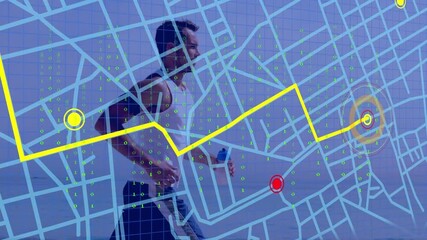 Animation of data processing with map over caucasian man running - Powered by Adobe