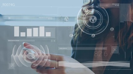 Animation of scope scanning and data processing over woman in vr headset - Powered by Adobe