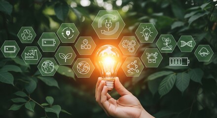 Green Technology and Sustainability Icons with Glowing Energy Light Bulb