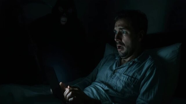 A terrified man watches a laptop in bed at night. A scary monster resembling the grim reaper appears in the dark behind him. Horror, fear, and supernatural nightmare concept