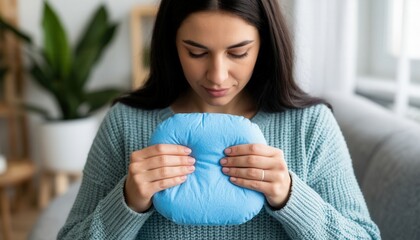 A person woman holding a small blue cushion resembling a cold compress, symbolizing home care, pain relief, comfort, and wellness, with visible copy space for health or lifestyle messaging.