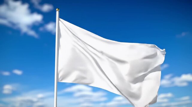 A Clean White Flag Waving Gently Against A Bright Blue Sky With Fluffy White Clouds On A Sunny Day With A Metal Pole On The Side