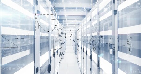 Animation of mathematical equations and diagrams over moving bars on server room - Powered by Adobe