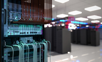 Server Room Network Infrastructure, data center, server rack, network cables.3D rendering.