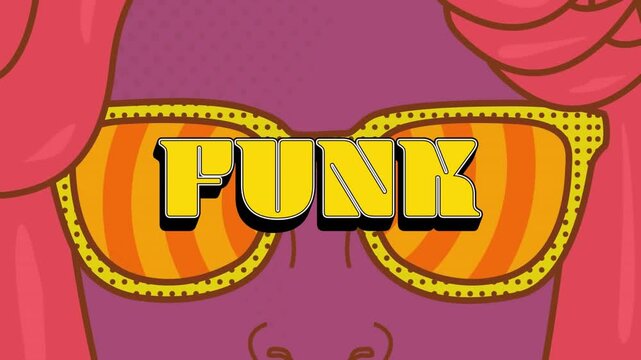 Animation of funk text and sunglasses on abstract background
