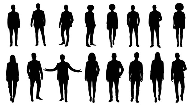 Diverse collection of human silhouettes representing men and women in various poses
