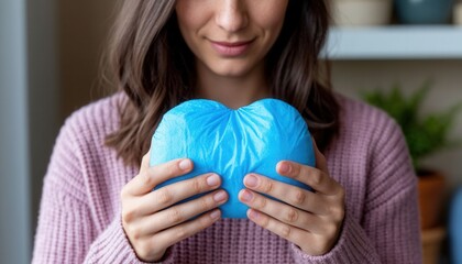 A person woman holding a small blue cushion resembling a cold compress, symbolizing home care, pain relief, comfort, and wellness, with visible copy space for health or lifestyle messaging.