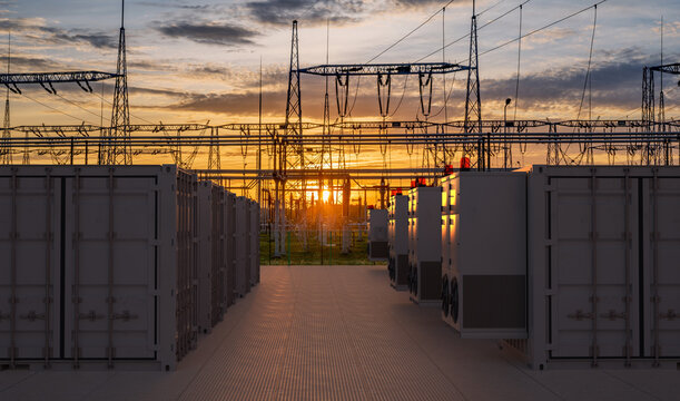 Electricity storage facilities against the backdrop of high-voltage transmission lines.3D rendering.