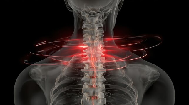 Crosssectional image of lower spine demonstrating inflammation and red warning flashes in cauda equina nerve bundle.
