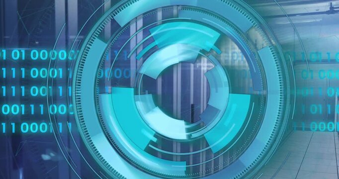 Animation of loading circles and binary codes over data server room