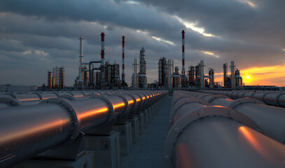 Plakat Industrial pipelines leading to an oil refinery at sunset.3D rendering.