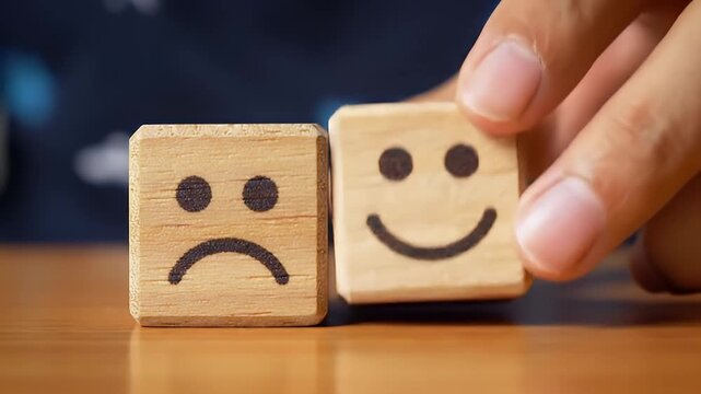 Close Up Of A Person?s Hands Moving Two Wooden Blocks From Sad Face To Happy Face Symbolizing A Shift In Mood Or Customer Satisfaction On A Blurred Background