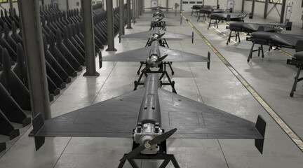 Long-range strike drone factory.3D rendering.