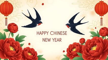 Chinese New Year greeting card with swallows, peonies, and red lanterns illustration