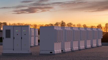 Energy Storage System near a photovoltaic farm.3D rendering.illustration.