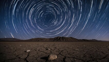 Star trails over desert landscape at night, long exposure photography.