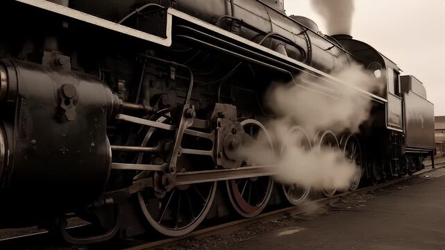 Close Up Of A Vintage Black Steam Train Engine With White Steam Billowing From The Side On A Cloudy Day On Train Tracks