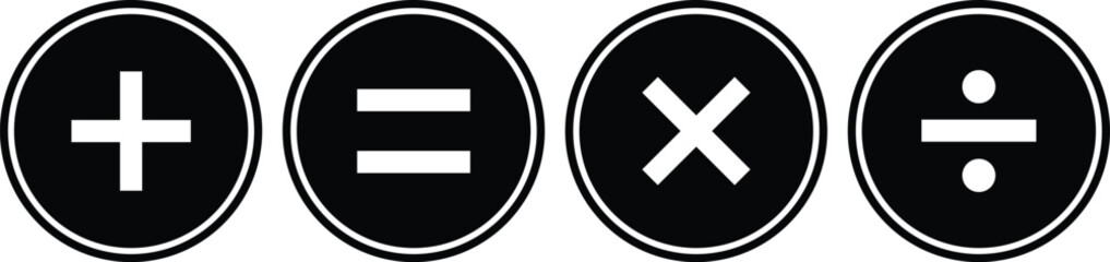 Fototapeta premium Four black circles with white mathematical symbols plus minus equals multiply divide math symbols