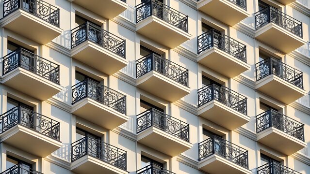 Close Up Of Repeating Balcony Patterns On High Rise Apartment Emphasizing Urban Symmetry Modern Design And The Geometric Precision Of Contemporary City Architecture