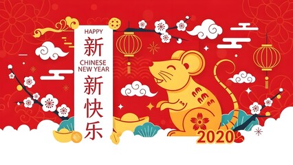 Fototapeta premium Vibrant Chinese New Year 2020 rat illustration with red and gold decorations