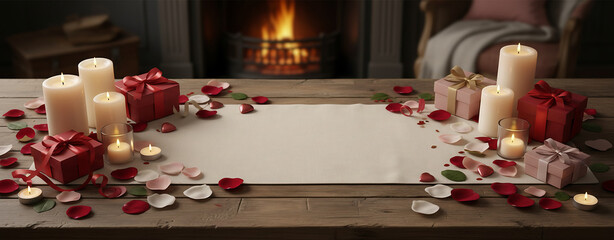 Romantic Valentine&rsquo;s Day setting with candles, rose petals and blank card by a cozy fireplace, creating an intimate atmosphere for love messages and elegant seasonal designs.