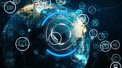 Digital network icons and data processing animation over globe - Powered by Adobe