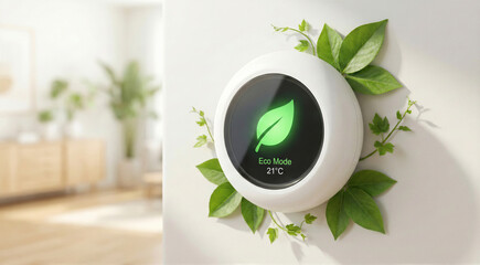 Smart thermostat displaying eco mode saving energy