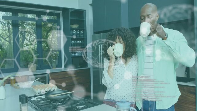 Animation of data processing and chemical formula over couple drinking coffee