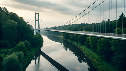 Minimal Bridge With Simple Cables Spanning Narrow River Showcasing Elegant Structural Design Modern Engineering And Harmonious Integration With The Peaceful Natural Landscape