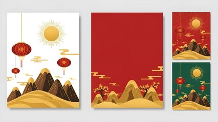 Collection of four posters featuring mountains, lanterns, and sun in various colors