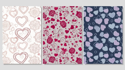 Three seamless patterns featuring hearts and floral designs in various colors, suitable for romantic backgrounds or decorative textiles. © MLB