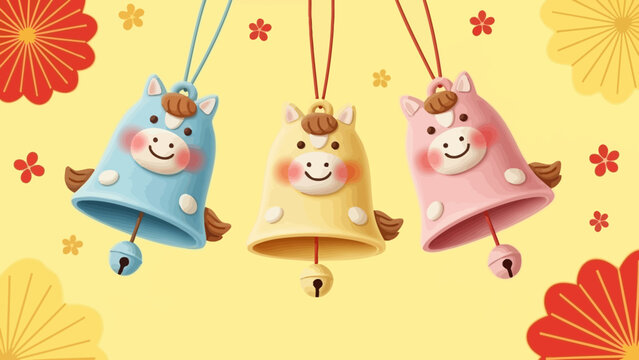 Three adorable cartoon horse-shaped bells in blue, yellow, and pink, hanging against a vibrant yellow background with festive floral and fan decorations.