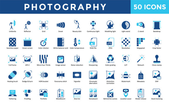 Photography icons set with beauty dish, continuous light, modeling light, location scout, model release, stock licensing icon. Simple flat vector 
