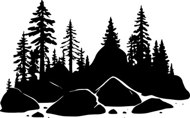 A black silhouette of a forest landscape with trees and rocks on transparent background © Sarfaraz