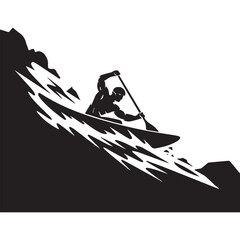 Extreme Whitewater Kayaking Athlete Rowing Through Rapid River Waves Mountains Vector Illustration. © shahariea