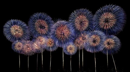 Colorful fireworks light up dark night sky, bringing joyful and festive atmosphere for people celebrating new year's eve with excitement and cheer.