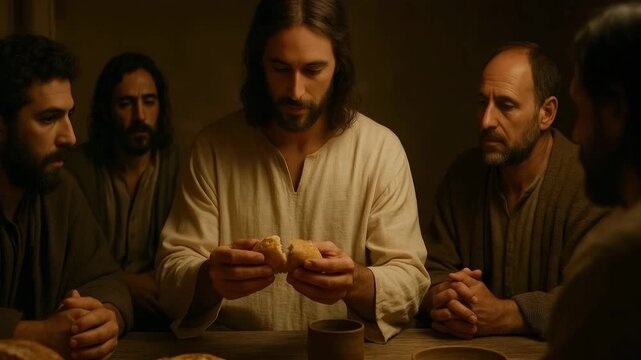 Jesus Christ breaking bread at the Last Supper with his apostles. Historical reenactment of the biblical Eucharist. A sacred moment of faith and communion