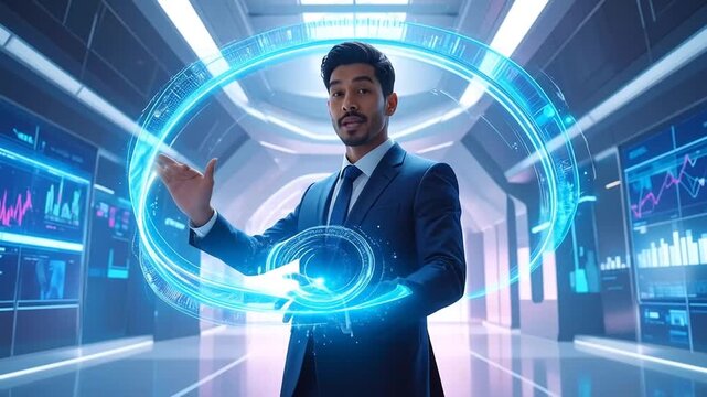 Businessman Interacting with Futuristic Hologram in Tech Lab