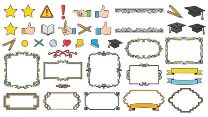 A diverse collection of graphic design elements including various icons, ornate frames, decorative borders, ribbons, and educational symbols on a white background.