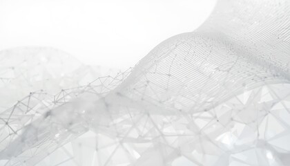 A futuristic network of interconnected lines and nodes forms a wave-like structure against a white background