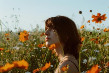 Naklejka premium Young woman enjoying sunlight in beautiful orange flower field