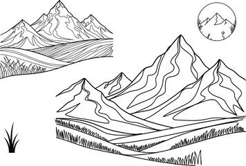 Fototapeta premium Mountain range silhouette landscape with moon and plant
