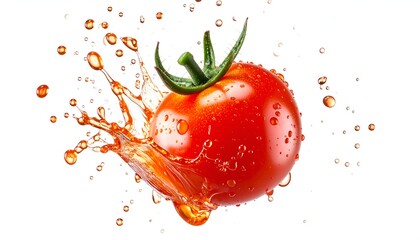 Ripe tomato bursting with juice, captured mid-air, white backdrop