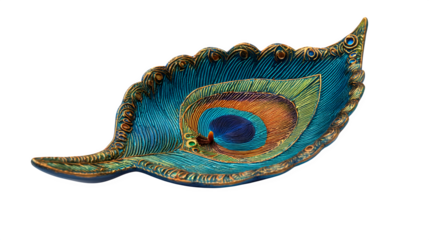 A gold Venetian masquerade mask decorated with a peacock feather isolated on a white background for a mystery carnival party or theater festival