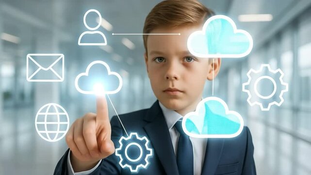 A young boy in a business suit interacts with a futuristic holographic interface. Touching a cloud computing icon to manage data and network connections. Future technology and digital innovation conce