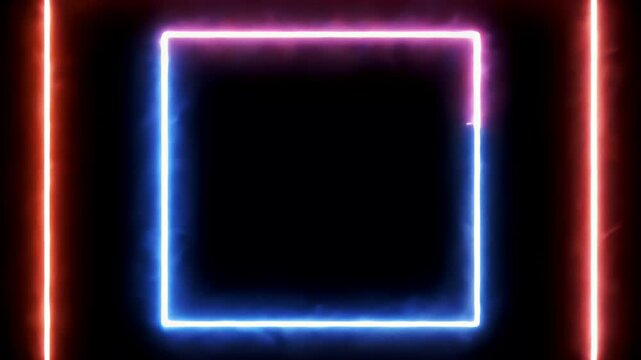 Energetic Neon Square Frame Pulsating With Blue And Pink Light Against A Black Background With Vertical Red Neon Bars Creating A Dynamic Abstract SciFi Portal Or Tunnel Effect With Glowing Particles