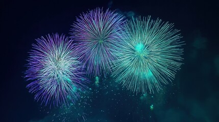 Fototapeta premium Colorful fireworks light up dark night sky, bringing joyful and festive atmosphere for people celebrating new year's eve with excitement and cheer.